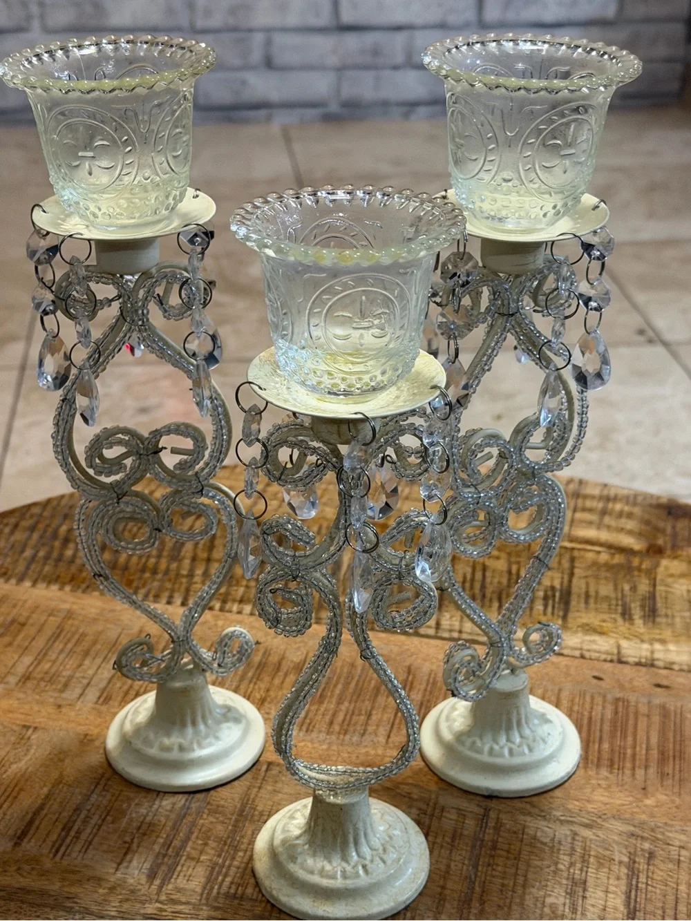3 Shabby Chic White Metal Beaded Votive Candle Holders Cut Glass Faux Crystal
